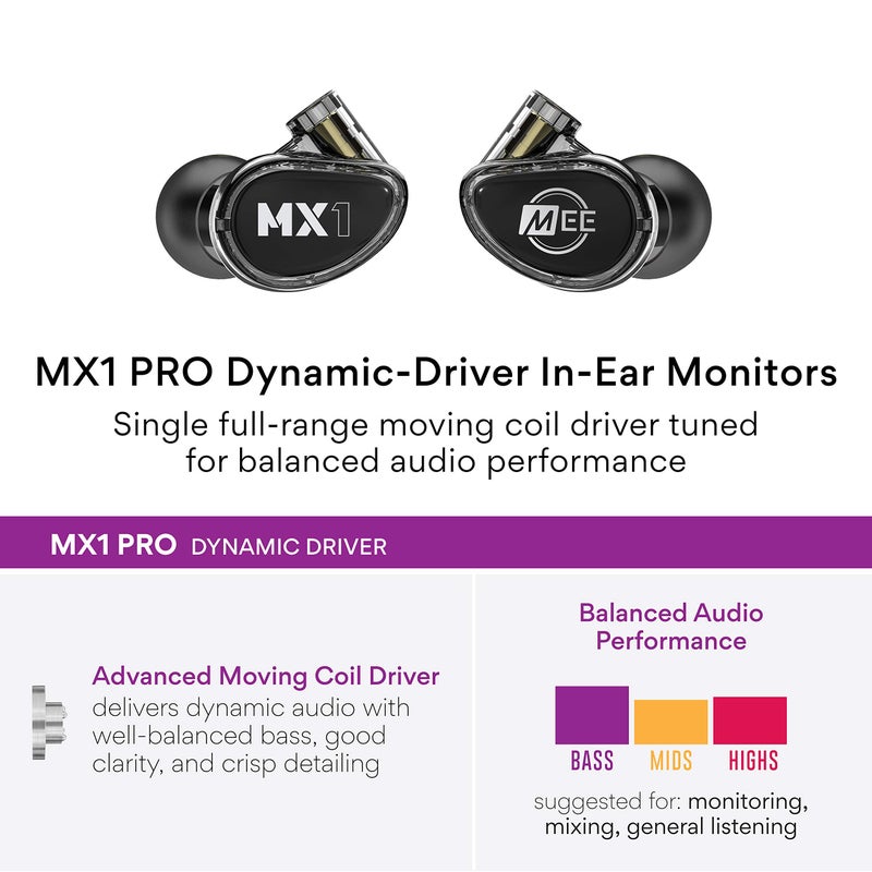 MEE Audio MEE Professional MX1 PRO Advanced Dynamic Driver Musician's in Ear Monitor Headphones with Balanced Sound; Noise Isolating Earbuds Earphones w/Memory Wire, Optional Customization & Detachable Cables - Image 3